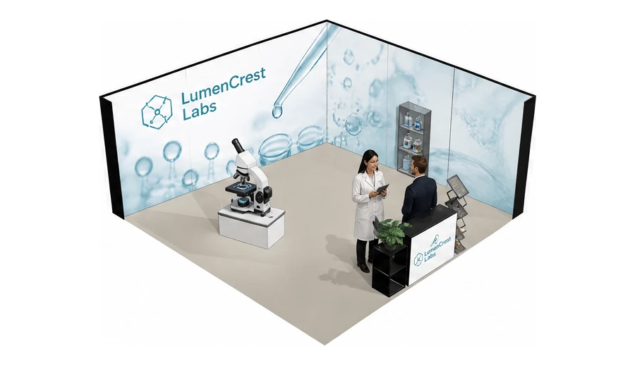 Stoisko 6 × 6 m narożne prawe dla branży sprzęt laboratoryjny, przykładowa marka LumenCrest Labs