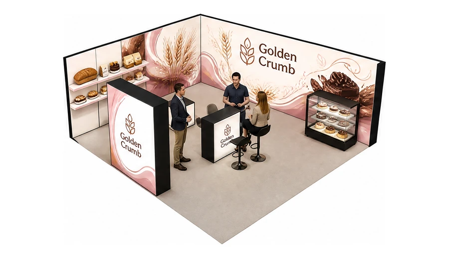 Stoisko 6 × 6 m narożne prawe dla branży piekarnictwo i cukiernictwo, przykładowa marka Golden Crumb