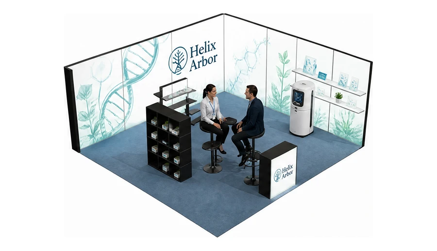 Stoisko 6 × 6 m narożne prawe dla branży farmacja i biotechnologia, przykładowa marka Helix Arbor