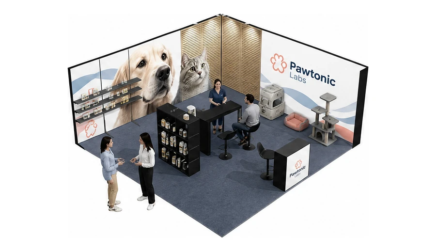 Stoisko 6 × 6 m narożne prawe dla branży weterynaria, przykładowa marka Pawtonic Labs