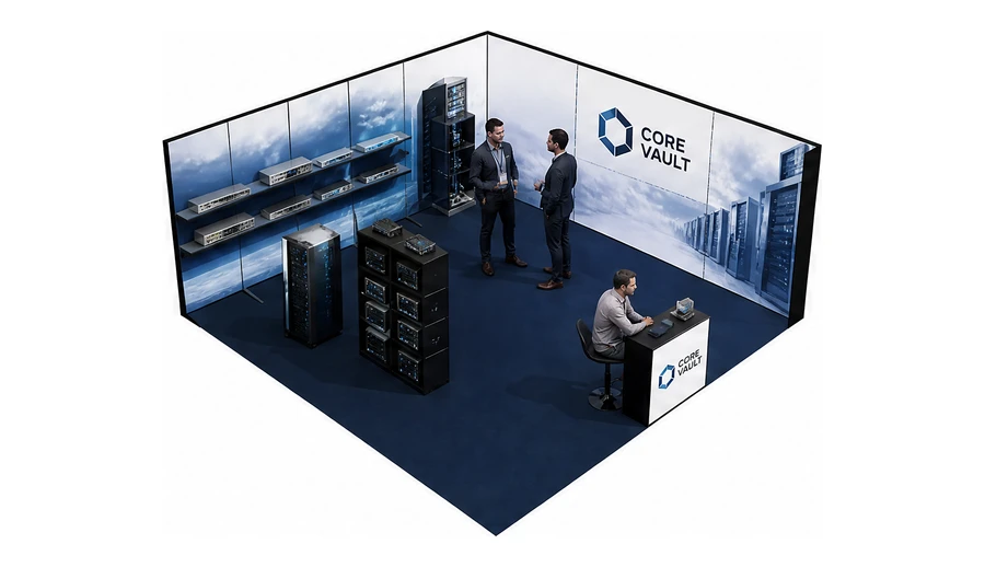 Stoisko 6 × 6 m narożne prawe dla branży infrastruktura IT i data center, przykładowa marka Core Vault