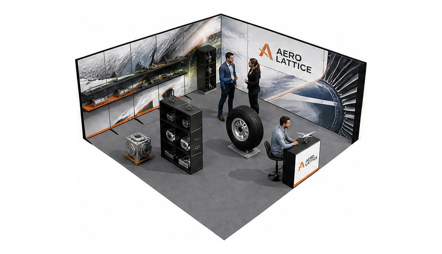 Stoisko 6 × 6 m narożne prawe dla branży lotnictwo, przykładowa marka Aero Lattice