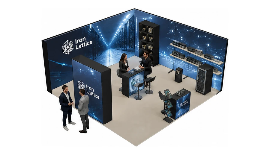 Stoisko 6 × 6 m narożne prawe dla branży infrastruktura IT i data center, przykładowa marka Iron Lattice