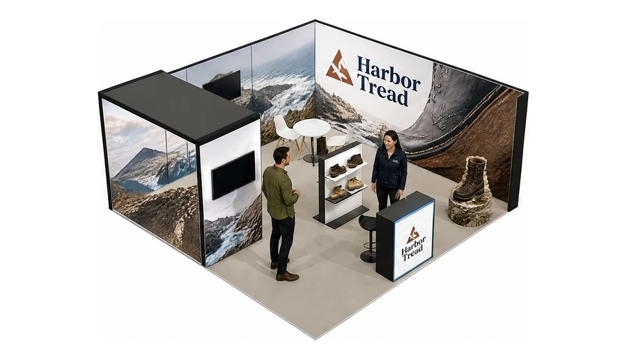 Stoisko 6 × 6 m narożne prawe dla branży obuwie, przykładowa marka Harbor Tread