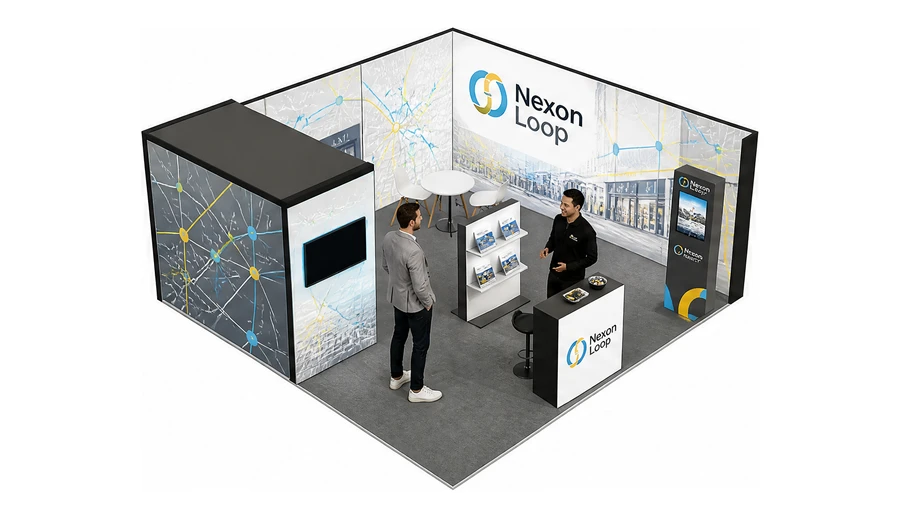 Stoisko 6 × 6 m narożne prawe dla branży franczyza i sieci, przykładowa marka Nexon Loop