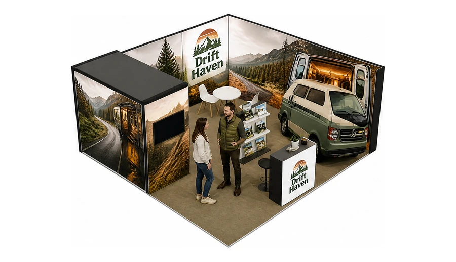 Stoisko 6 × 6 m narożne prawe dla branży caravaning i kampery, przykładowa marka Drift Haven