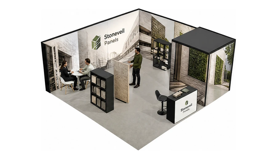 Stoisko 6 × 6 m narożne prawe dla branży materiały budowlane, przykładowa marka Stoneveil Panels