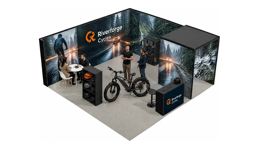 Stoisko 6 × 6 m narożne prawe dla branży rowery elektryczne, przykładowa marka Riverforge Cycles