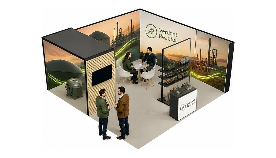 Stoisko 6 × 6 m narożne prawe dla branży biogaz i OZE, przykładowa marka Verdant Reactor