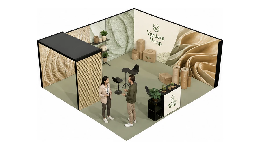 Stoisko 6 × 6 m narożne prawe dla branży opakowania ekologiczne, przykładowa marka Verdant Wrap