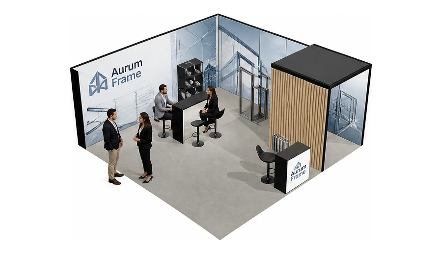 Stoisko 6 × 6 m narożne prawe dla branży profile aluminiowe, przykładowa marka Aurum Frame