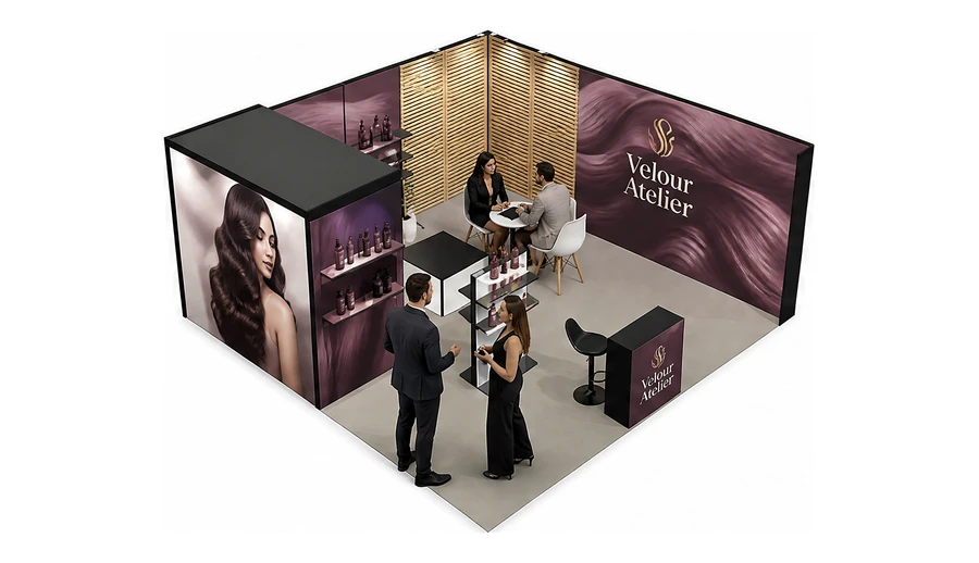 Stoisko 6 × 6 m narożne prawe dla branży fryzjerstwo i salony beauty, przykładowa marka Velour Atelier