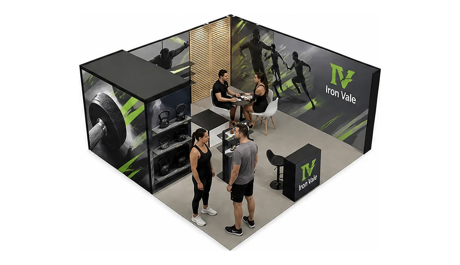 Stoisko 6 × 6 m narożne prawe dla branży fitness i siłownie, przykładowa marka Iron Vale