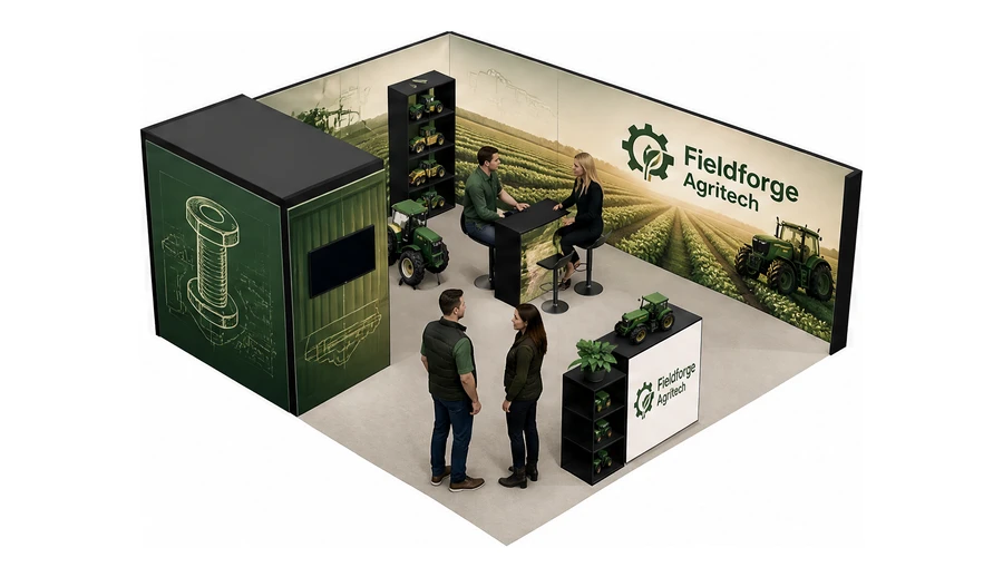 Stoisko 6 × 6 m narożne prawe dla branży maszyny rolnicze, przykładowa marka Fieldforge Agritech