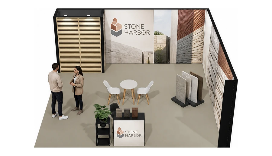 Stoisko 6 × 6 m narożne prawe dla branży materiały budowlane, przykładowa marka Stone Harbor