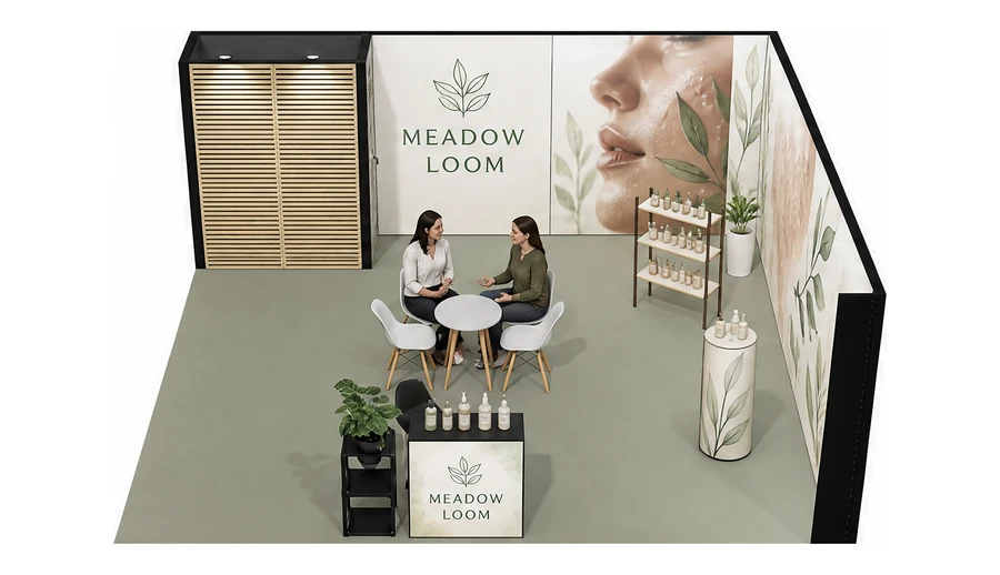 Stoisko 6 × 6 m narożne prawe dla branży kosmetyki naturalne, przykładowa marka Meadow Loom