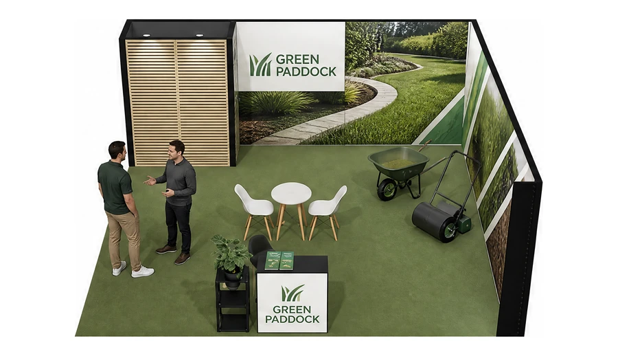 Stoisko 6 × 6 m narożne prawe dla branży ogród i architektura krajobrazu, przykładowa marka Green Paddock