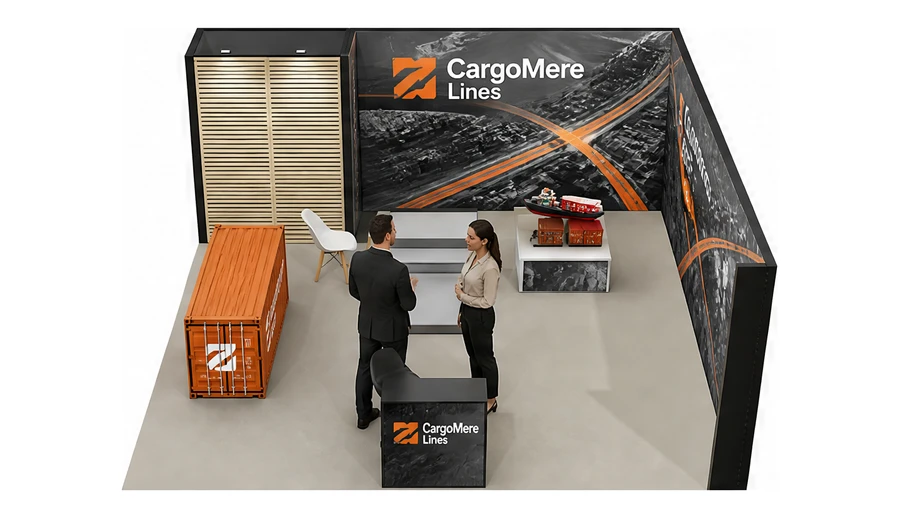Stoisko 6 × 6 m narożne prawe dla branży logistyka i spedycja, przykładowa marka CargoMere Lines
