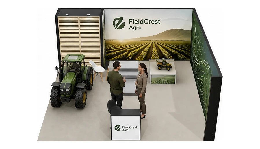 Stoisko 6 × 6 m narożne prawe dla branży maszyny rolnicze, przykładowa marka FieldCrest Agro