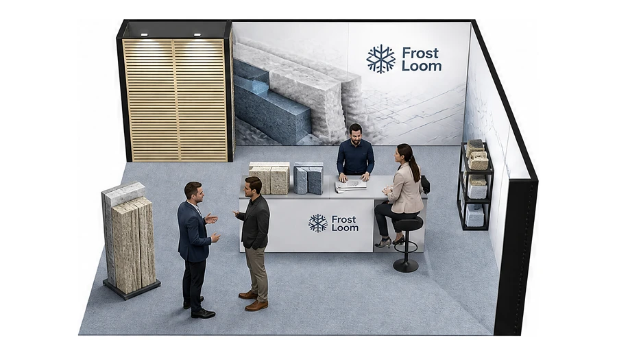 Stoisko 6 × 6 m narożne prawe dla branży izolacje techniczne, przykładowa marka Frost Loom