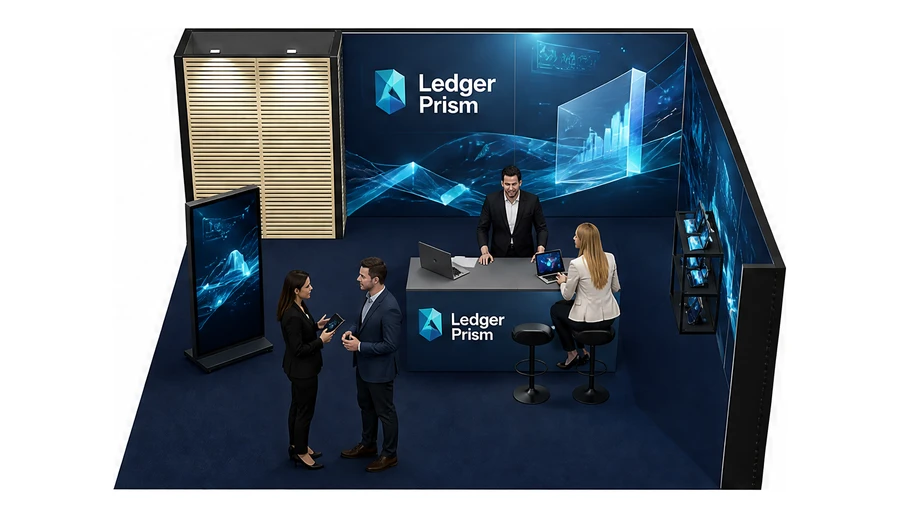 Stoisko 6 × 6 m narożne prawe dla branży oprogramowanie dla firm, przykładowa marka Ledger Prism