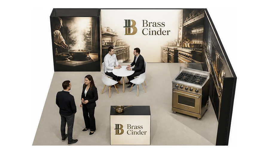 Stoisko 6 × 6 m narożne prawe dla branży wyposażenie gastronomii, przykładowa marka Brass Cinder