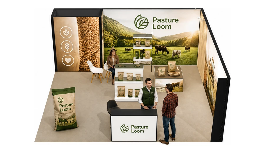 Stoisko 6 × 6 m narożne prawe dla branży hodowla i pasze, przykładowa marka Pasture Loom