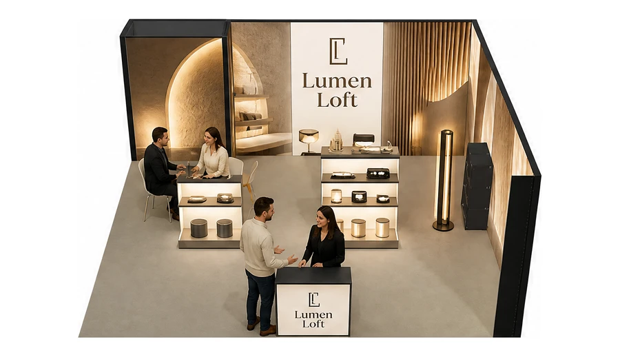 Stoisko 6 × 6 m narożne prawe dla branży oświetlenie, przykładowa marka Lumen Loft