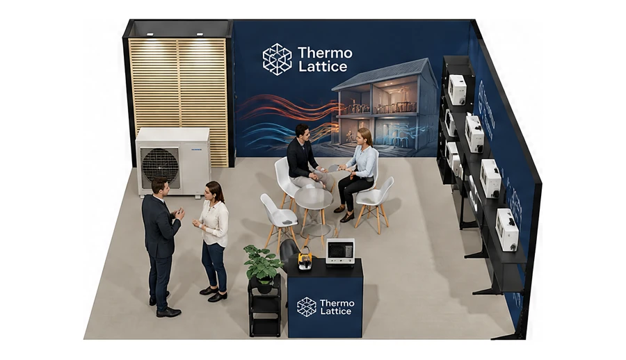 Stoisko 6 × 6 m narożne prawe dla branży pompy ciepła i ogrzewanie, przykładowa marka Thermo Lattice