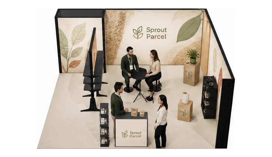Stoisko 6 × 6 m narożne prawe dla branży opakowania ekologiczne, przykładowa marka Sprout Parcel