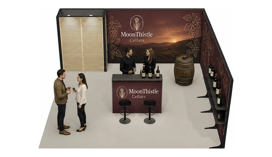 Stoisko 6 × 6 m narożne prawe dla branży winnica, przykładowa marka MoonThistle Cellars