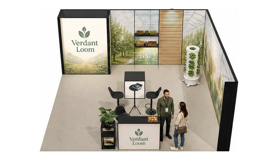 Stoisko 6 × 6 m narożne prawe dla branży sadownictwo i warzywnictwo, przykładowa marka Verdant Loom