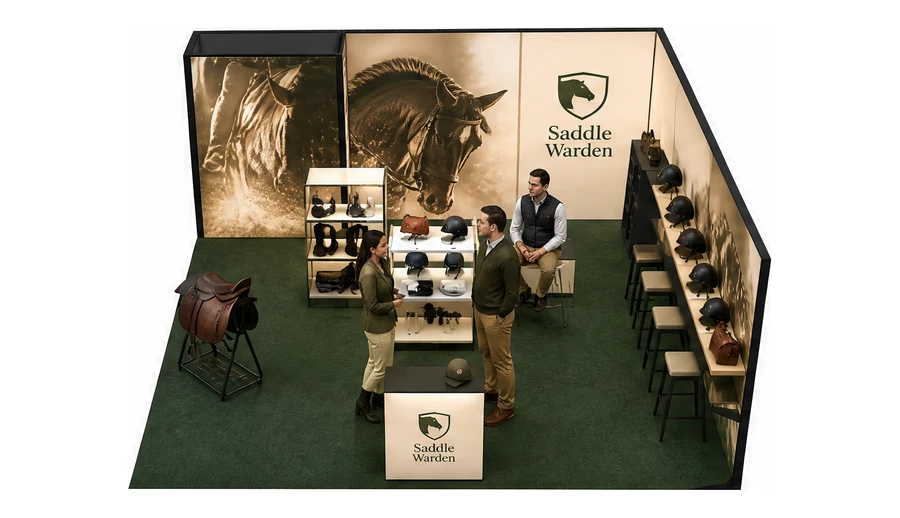 Stoisko 6 × 6 m narożne prawe dla branży jeździectwo, przykładowa marka Saddle Warden