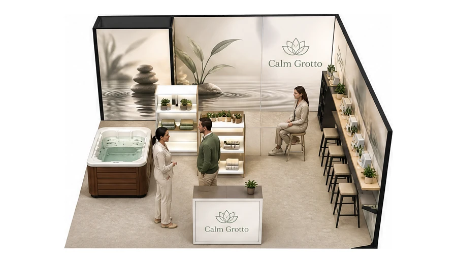 Stoisko 6 × 6 m narożne prawe dla branży spa i wellness, przykładowa marka Calm Grotto