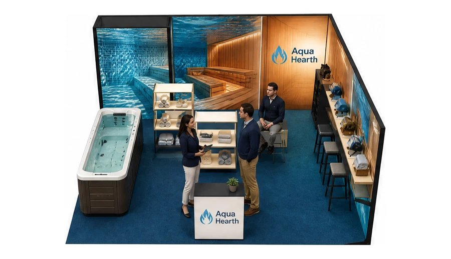Stoisko 6 × 6 m narożne prawe dla branży baseny i sauny, przykładowa marka Aqua Hearth