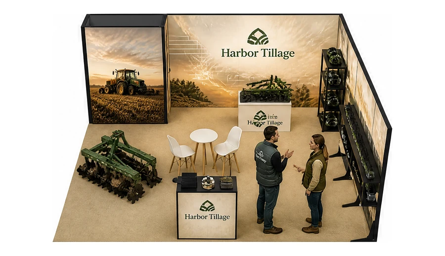 Stoisko 6 × 6 m narożne prawe dla branży maszyny rolnicze, przykładowa marka Harbor Tillage