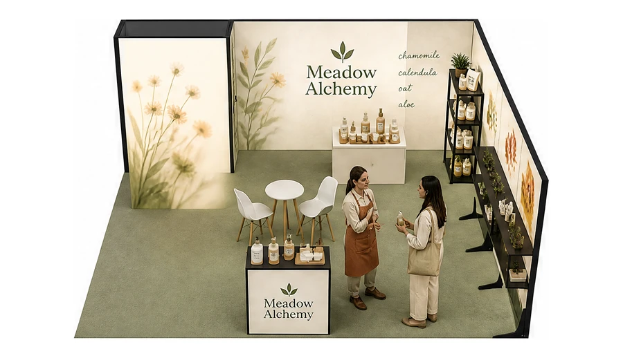 Stoisko 6 × 6 m narożne prawe dla branży kosmetyki naturalne, przykładowa marka Meadow Alchemy