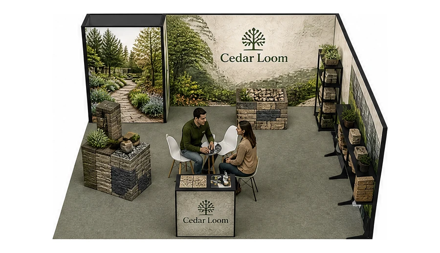 Stoisko 6 × 6 m narożne prawe dla branży ogród i architektura krajobrazu, przykładowa marka Cedar Loom