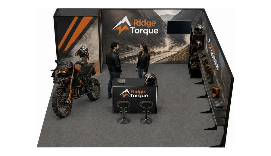 Stoisko 6 × 6 m narożne prawe dla branży motocykle i skutery, przykładowa marka Ridge Torque