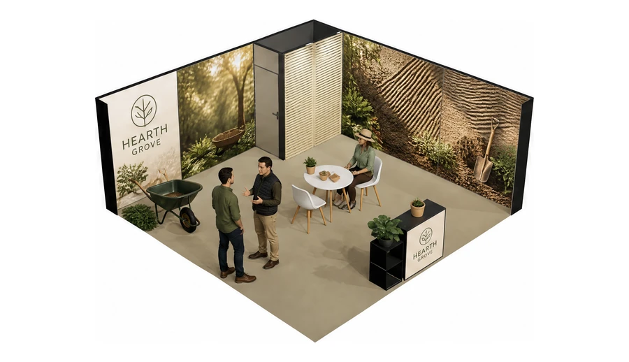 Stoisko 6 × 6 m narożne prawe dla branży ogród i architektura krajobrazu, przykładowa marka Hearth Grove