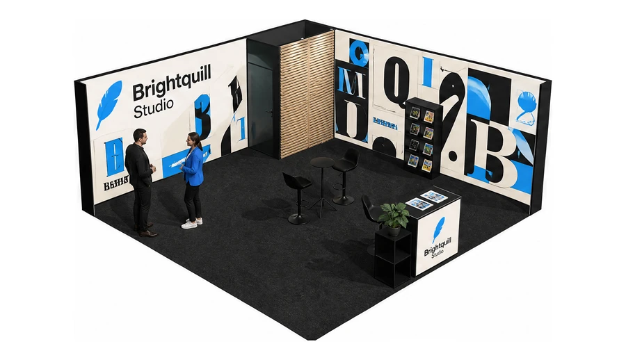 Stoisko 6 × 6 m narożne prawe dla branży reklama i druk, przykładowa marka Brightquill Studio