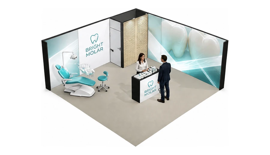 Stoisko 6 × 6 m narożne prawe dla branży stomatologia, przykładowa marka Bright Molar