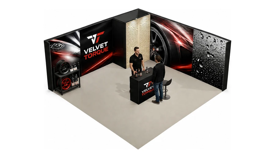 Stoisko 6 × 6 m narożne prawe dla branży tuning i detailing, przykładowa marka Velvet Torque