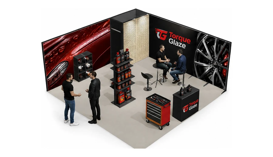 Stoisko 6 × 6 m narożne prawe dla branży tuning i detailing, przykładowa marka Torque Glaze