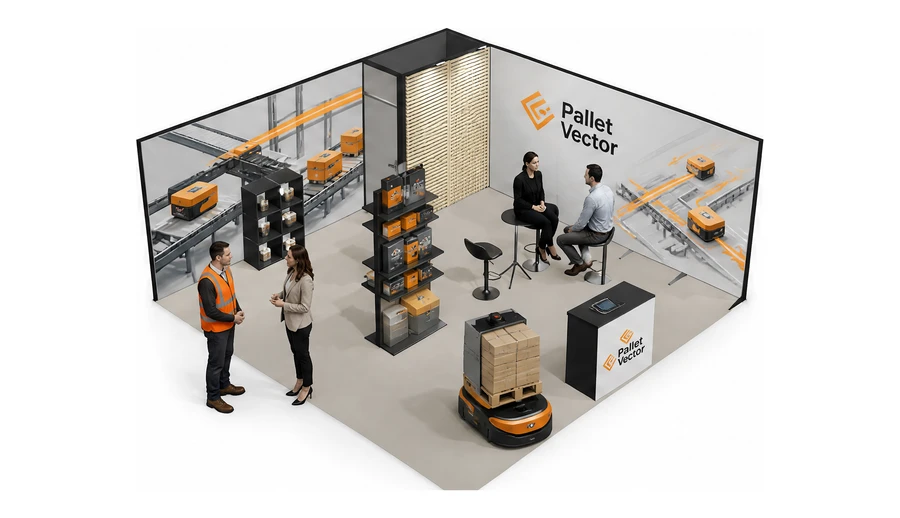 Stoisko 6 × 6 m narożne prawe dla branży intralogistyka i magazyn, przykładowa marka Pallet Vector