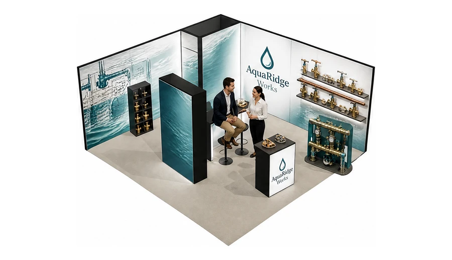 Stoisko 6 × 6 m narożne prawe dla branży instalacje wodno-kanalizacyjne, przykładowa marka AquaRidge Works