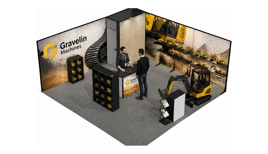 Stoisko 6 × 6 m narożne prawe dla branży maszyny budowlane, przykładowa marka Gravelin Machines