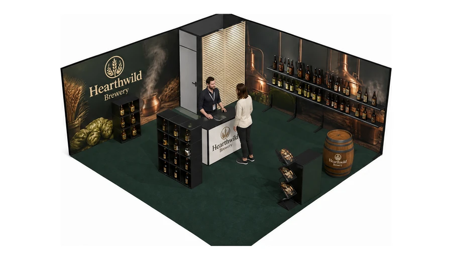 Stoisko 6 × 6 m narożne prawe dla branży browar rzemieślniczy, przykładowa marka Hearthwild Brewery