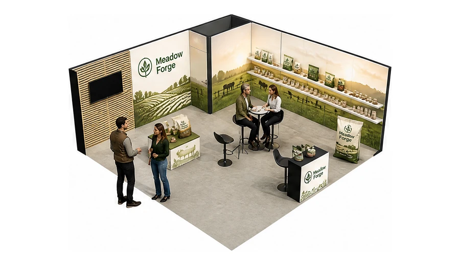 Stoisko 6 × 6 m narożne prawe dla branży hodowla i pasze, przykładowa marka Meadow Forge