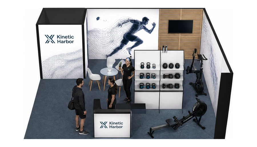 Stoisko 6 × 6 m narożne prawe dla branży fitness i siłownie, przykładowa marka Kinetic Harbor